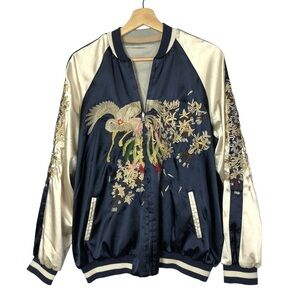 Opening Ceremony Blue & White Satin Reversible Embroidered Bomber Jacket M